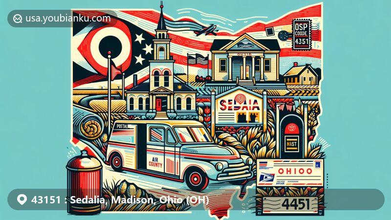 Modern illustration of Sedalia, Madison County, Ohio, with postal theme showcasing ZIP code 43151, featuring state symbols and postal service elements.