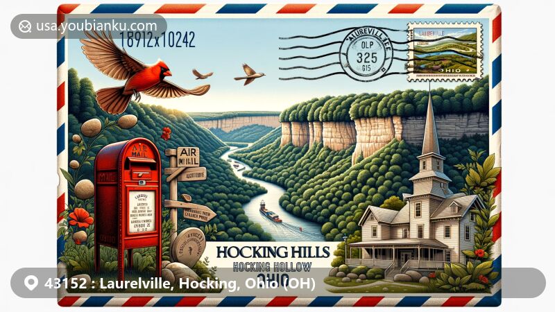 Modern illustration of Hocking Hills, Ohio, highlighting Hocking Hills Scenic Byway landmarks like Rock House, Cantwell Cliffs, and Conkles Hollow State Nature Preserve within an airmail envelope featuring ZIP code 43152 and Ohio state symbols.