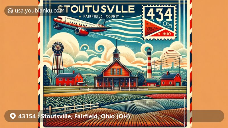 Modern illustration of Stoutsville, Fairfield County, Ohio, highlighting the tranquil farmlands with Fairfield County's outline, vintage postage stamp of ZIP code 43154, air mail envelope design, postal marks reflecting Stoutsville's history, and Ohio state flag.