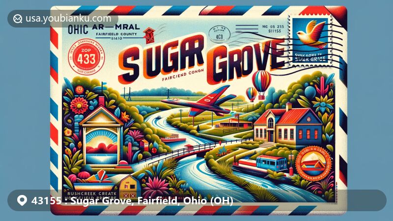 Modern illustration of Sugar Grove, Ohio, depicting a vibrant and colorful airmail envelope capturing the essence of the village. The envelope integrates elements symbolizing the confluence of Rushcreek and Hocking River, highlighting its historical significance as the gateway to Hocking Hills and its roots in Ohio's early canal system. Prominently featured on the envelope are the name 'Sugar Grove' and the ZIP code 43155. The design also includes a stamp portraying Wahkeena Nature Preserve, a renowned nearby attraction, showcasing the village's natural beauty. The slightly open envelope reveals a corner of a letter, hinting at community life and possibly showcasing a stylized mini-map of the village or symbols representing local schools, the annual 'Sugar Grove Stars & Stripes' event, and community volunteer efforts. Using a modern illustrative style suitable for the web, ensuring the artwork is eye-catching, creative, and respectful of the heritage and community spirit.