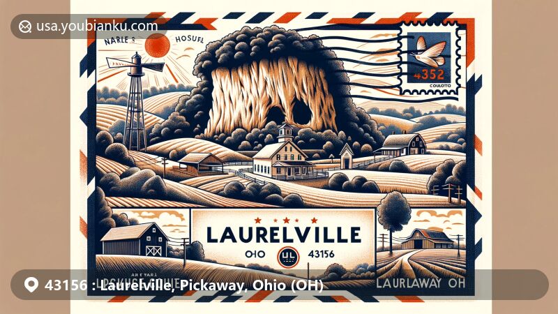 Modern illustration of Laurelville, Pickaway County, Ohio, centered around postal theme with ZIP code 43156, featuring Rock House cave, rural landscapes, and Scioto River.