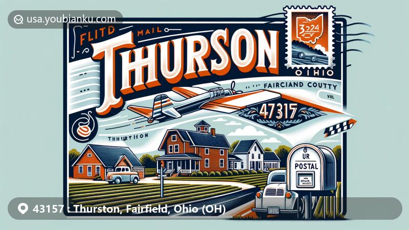Modern illustration of Thurston, Ohio, displaying postal theme with ZIP code 43157, featuring air mail envelope, stamp of Fairfield County, and classic American mailbox or mail truck.