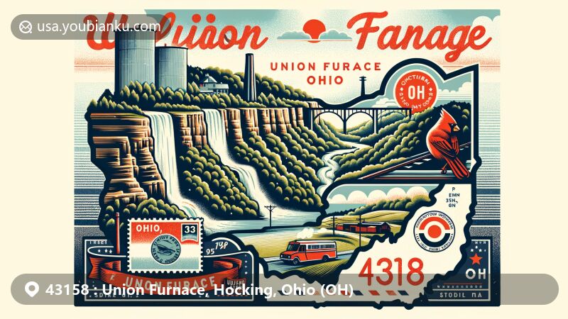 Modern illustration of Union Furnace, Hocking County, Ohio, featuring ZIP code 43158, showcasing Hocking Hills State Park's natural beauty, cliffs, gorges, and waterfalls, along with Ohio state symbols.