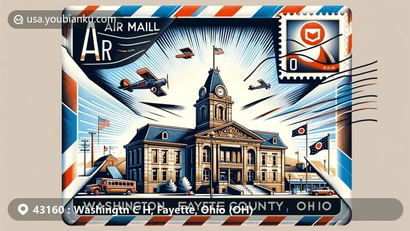 Modern illustration of Washington C.H., Fayette County, Ohio, with air mail envelope showcasing ZIP code 43160 and Fayette County Courthouse, reflecting local history, culture, and community connections.