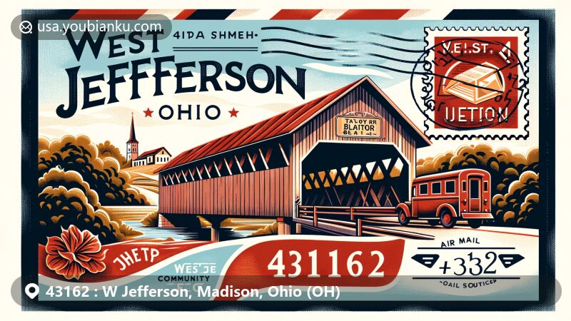Modern illustration of West Jefferson, Madison County, Ohio, inspired by postal theme with ZIP code 43162, featuring Taylor Blair Covered Bridge and vintage postal elements.
