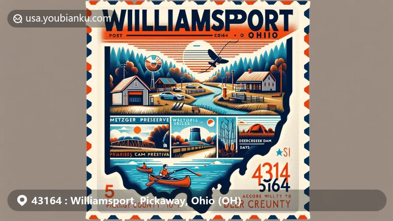 Modern illustration of Williamsport, Ohio, showcasing postal theme with ZIP code 43164, featuring Metzger Preserve, Deer Creek, and Deercreek Dam Days festival.