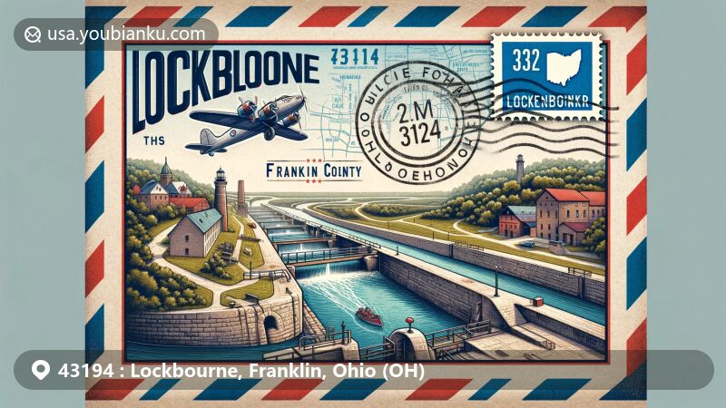 Modern illustration of Lockbourne, Franklin County, Ohio, highlighting the area's postal theme with ZIP code 43194 and featuring the Lockbourne Canal & Locks in a vintage air mail envelope design.