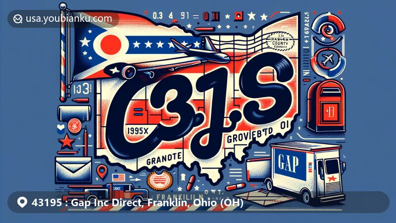 Modern illustration of Groveport, Franklin County, Ohio, celebrating ZIP code 43195 and Gap Inc Direct, featuring Ohio state flag, postal elements, and clothing retail symbols.