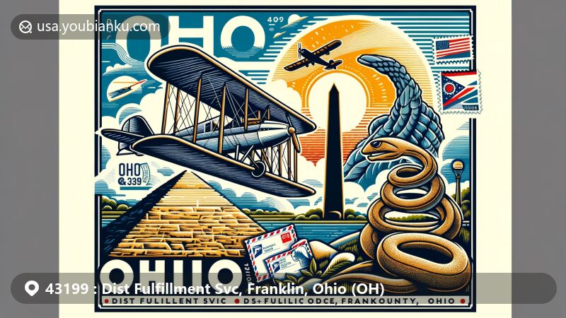 Modern illustration of Franklin County, Ohio, featuring postal theme with ZIP code 43199, showcasing Ohio's historical heritage with Wright Brothers' airplane and Serpent Mound.