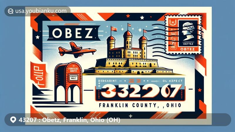 Contemporary wide-format illustration of Obetz, Franklin County, Ohio, resembling a modern postcard or air mail envelope. Features Fortress Obetz, state symbols, vintage postage stamp, 'Obetz, OH 43207' postmark, and classic red mailbox.