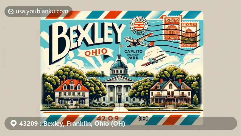 Modern illustration of Bexley, Franklin County, Ohio, showcasing postal theme with ZIP code 43209, featuring Ohio Governor's Mansion, Bullitt Park estates, and Capitol University.