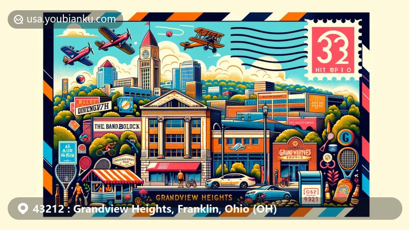 Modern illustration of Grandview Heights, Ohio, featuring historic Bank Block, Wyman Woods, C. Ray Buck Park, local activities, Ohio-crafted beer and coffee, postal theme with ZIP code 43212.