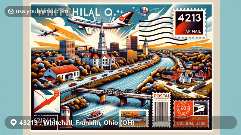Modern illustration of Whitehall, Ohio, celebrating ZIP code 43213, showcasing local landmarks like Big Walnut Creek and Columbus, integrated with postal elements like air mail envelope, stamps, and postmark with ZIP code 43213 and area codes 614 and 380.