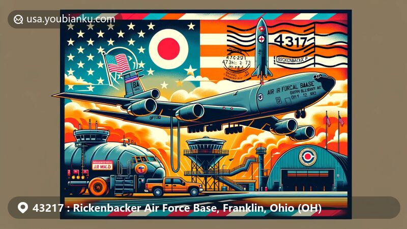 Modern illustration of Rickenbacker Air National Guard Base in Franklin, Ohio, featuring KC-135 Stratotanker and Ohio state flag, with postal elements like airmail envelope, postage stamp, and postmark for ZIP code 43217.