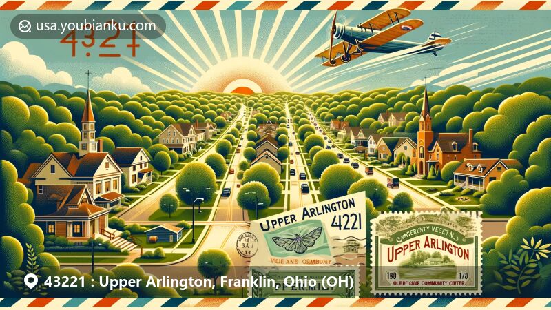 Modern illustration of Upper Arlington, Ohio, highlighting Garden City design, Camp Willis history, and scenic beauty inspired by the Scioto and Olentangy Rivers, featuring Bob Crane Community Center and vintage postal theme with ZIP code 43221.