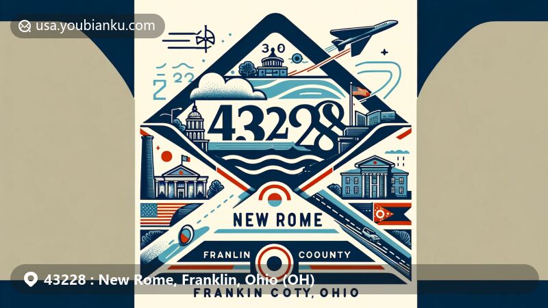 Modern illustration of New Rome, Franklin County, Ohio, with ZIP code 43228, featuring air mail envelope design incorporating Franklin County outline, Ohio flag, and local landmarks. Evoking a sense of community pride and history, highlighting positive elements of this small, unincorporated area.