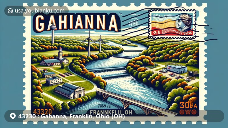 Vibrant illustration of Gahanna, Franklin, Ohio, with significant features of Big Walnut Creek and the city's official seal, representing the convergence of three creeks. Incorporates air mail elements and ZIP code 43230 in a harmonious design.