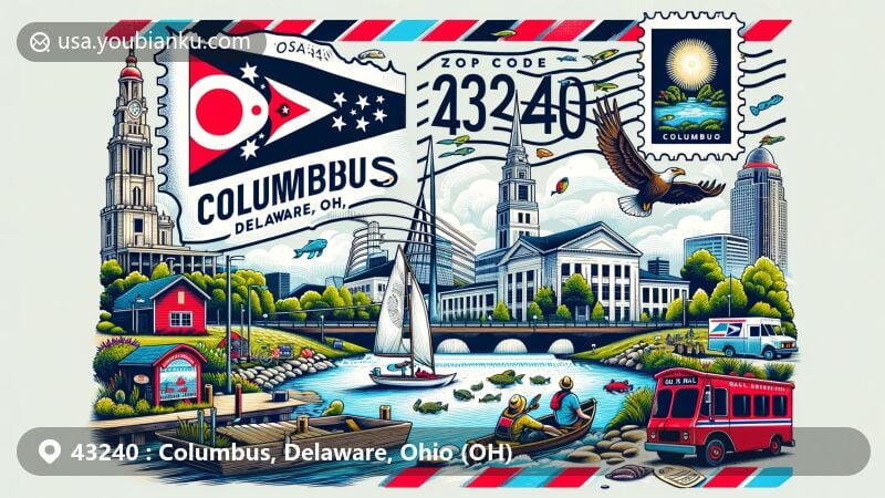 Modern illustration of ZIP Code 43240 in Columbus and Delaware County, Ohio, featuring O’Shaughnessy Dam and Columbus Zoo and Aquarium, blending postal theme with vintage air mail envelope, Ohio state flag, and classic postal symbols.