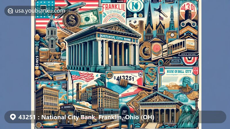 Modern illustration of National City Bank's history in Franklin, Ohio, blending with local landmarks and postal themes, featuring Lewis & Clark National Historic Trail, Hopewell Culture National Historic Park, and National Veterans Memorial and Museum.