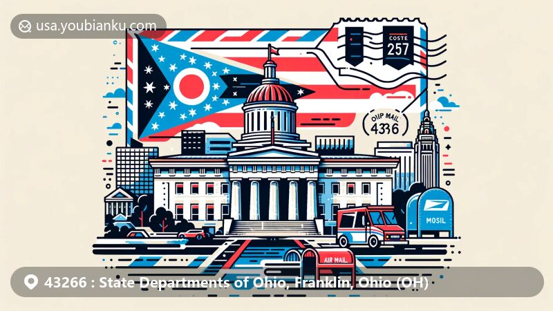 Modern illustration of Ohio Statehouse, showcasing postal theme with ZIP code 43266, featuring Ohio state flag and traditional American postal elements.