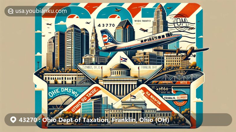 Modern illustration of Franklin, Ohio showcasing postal theme with ZIP code 43270, featuring iconic landmarks such as LeVeque Tower, Ohio Stadium, Ohio Theatre, and more, adorned with Ohio state flag stamp.