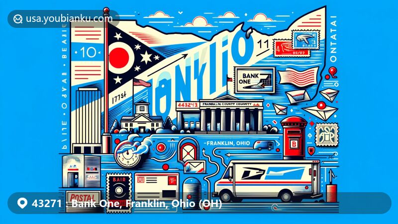 Modern illustration of Bank One, Franklin, Ohio, with ZIP code 43271, merging postal and regional features, including Ohio state flag, Franklin County silhouette, and Bank One significance.