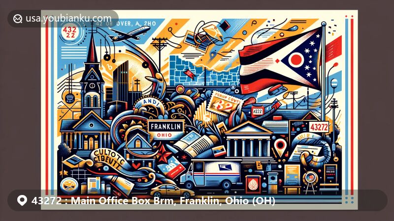 Vibrant illustration of Franklin, Ohio, home to ZIP code 43272, capturing cultural and postal themes with art, music, and education elements.