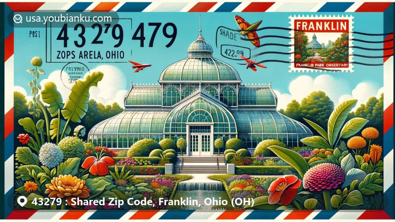 Modern illustration of Franklin, Ohio, showcasing Franklin Park Conservatory and Botanical Gardens in a postcard format, with a postal theme emphasizing Zip Code 43279.