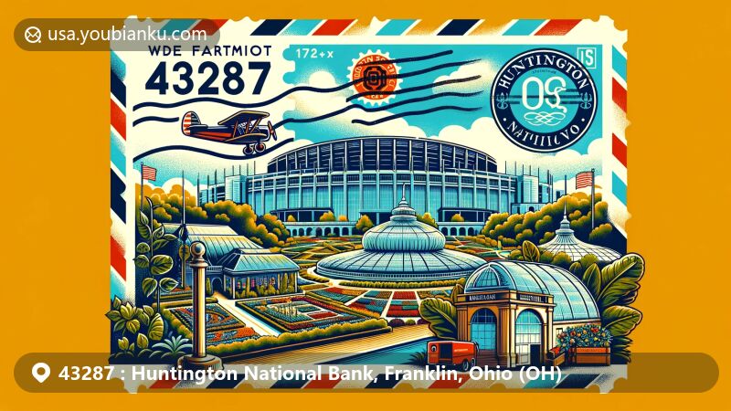 Modern illustration of Huntington National Bank area in Franklin, Ohio, featuring iconic Ohio Stadium 'The Horseshoe' and Franklin Park Conservatory and Botanical Gardens, with vintage postal elements like air mail envelope, stamps, postmark with ZIP code 43287, and mailbox.
