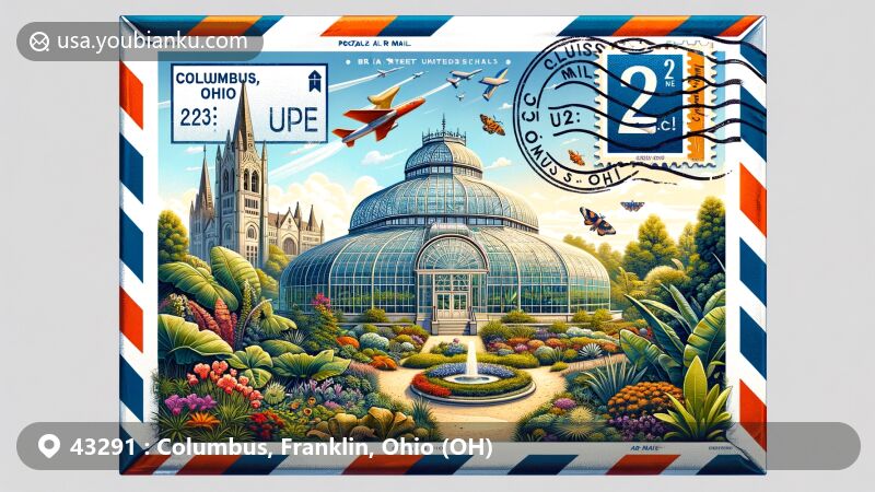 Modern illustration of Columbus, Franklin, Ohio (OH), highlighting postal theme with ZIP code 43291, featuring Franklin Park Conservatory and Botanical Gardens and Broad Street United Methodist Church.