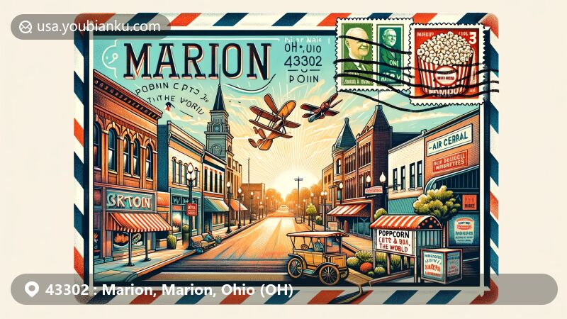 Modern illustration of Marion, Ohio, showcasing downtown area with historic West Center Street, Warren G. Harding Presidential Sites, and postal theme with vintage stamps and postmark 'Marion, OH 43302'
