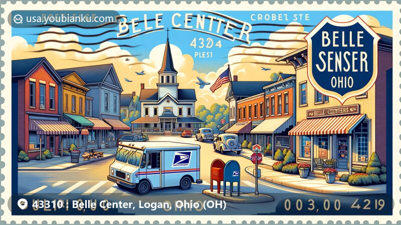 Modern illustration of Belle Center, Logan, Ohio (OH), featuring main street and small-town architecture, blending historic charm with contemporary style. Postal theme with vintage postage stamp border, delivery truck, and mailboxes.