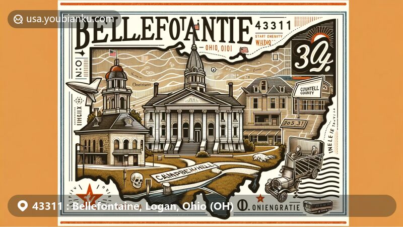 Modern illustration of Bellefontaine, Logan County, Ohio, displaying postal theme with ZIP code 43311, featuring key landmarks like Logan County courthouse, Campbell Hill, and America's first concrete street.