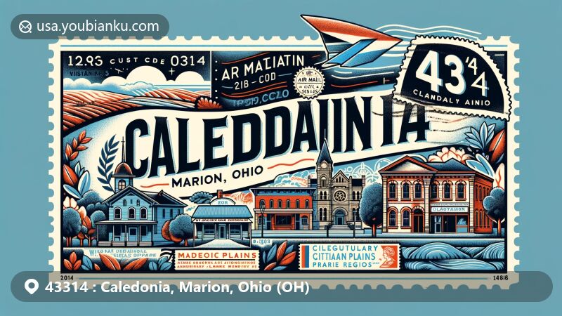 Modern illustration of Caledonia, Marion, Ohio, featuring ZIP code 43314, showcasing vintage air mail envelope with historical and natural elements, including Whetstone River, Sandusky Plains prairie, and iconic buildings in Public Square.