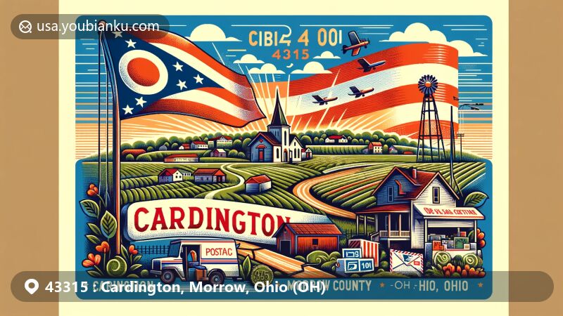 Creative depiction of Cardington, Morrow County, Ohio, showcasing ZIP code 43315 with local and postal themes, Ohio state flag, and Morrow County's outline.