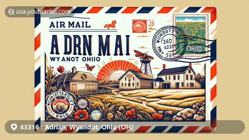 Modern illustration of Adrian, Wyandot County, Ohio, showcasing postal theme with ZIP code 43316, featuring Sheriden Cave, village of Carey cultural symbols, Ohio state flag elements, and vintage-style stamps.