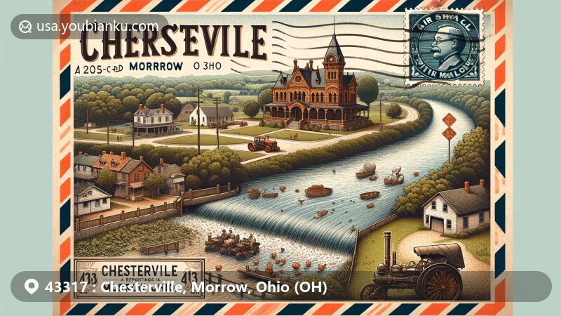 Modern illustration of Chesterville, Morrow, Ohio, displaying the village's charm and history with a postal theme for ZIP code 43317, featuring Kokosing River, Masonic Lodge, Dr. James Williams' Victorian home, and cultural landmarks.