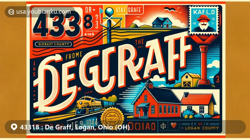 Modern postcard-style illustration of De Graff, Ohio, Logan County, showcasing charm and rural character with vintage postal elements, including a postage stamp, postmark with '43318', classic mailbox, and a greeting.