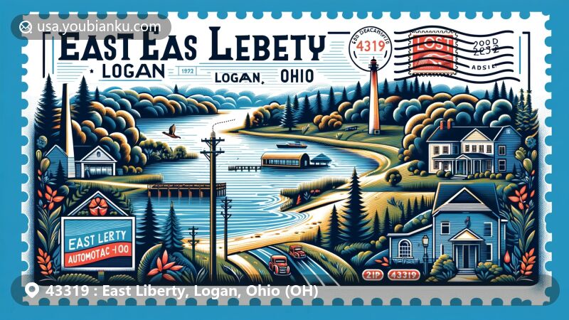 Modern illustration of East Liberty, Logan County, Ohio, incorporating local features and postal themes for ZIP code 43319, showcasing the serene landscapes of East Liberty with East Liberty Lake, forests, and Honda automotive plant.