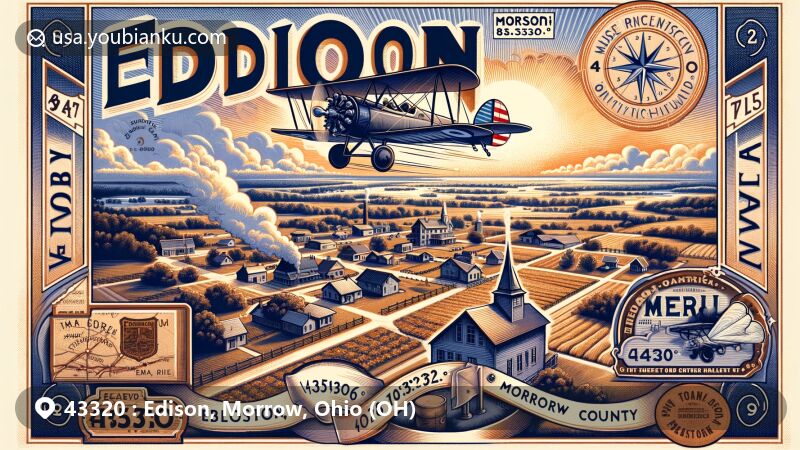 Creative illustration of Edison, Morrow County, Ohio, featuring vintage aviation postcard theme with ZIP code 43320, showcasing rural charm and local identity.