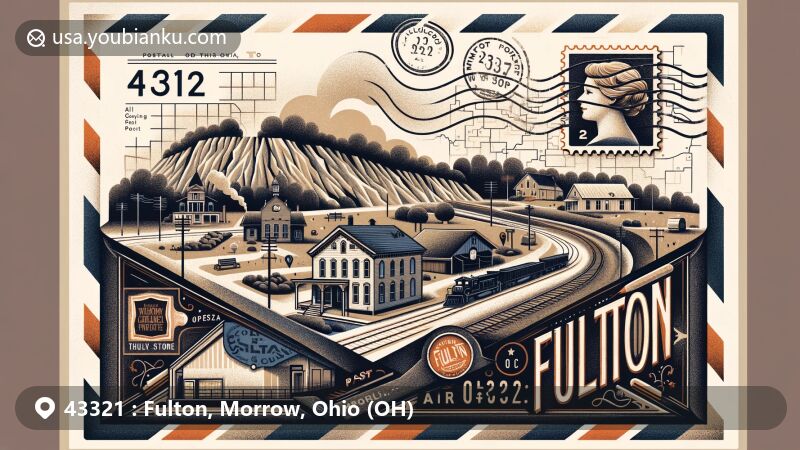 Modern illustration of Fulton, Morrow County, Ohio, with ZIP code 43321, featuring historic Lincoln Stone Quarry and Fulton Opera House, blending industrial and cultural heritage.