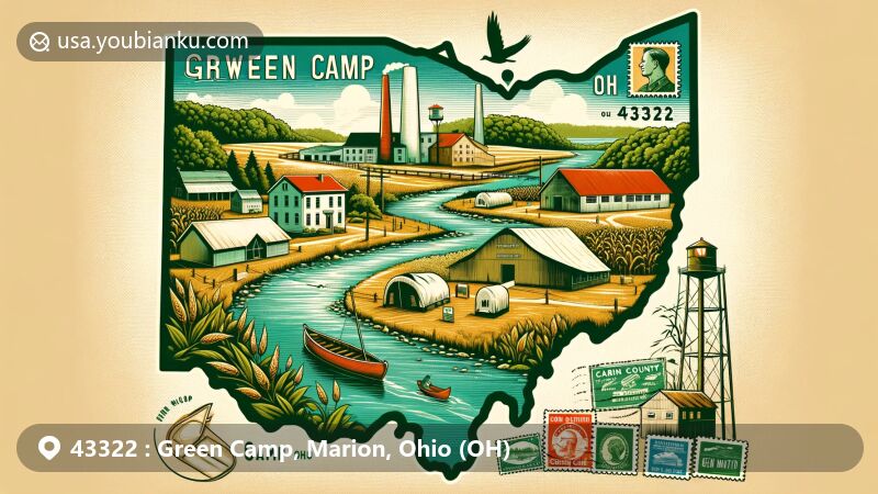 Modern illustration of Green Camp, Marion County, Ohio, featuring ZIP code 43322 within a vintage airmail envelope, showcasing local landmarks, cultural elements, and postal themes including the confluence of the Scioto and Little Scioto Rivers and Camp Marion.