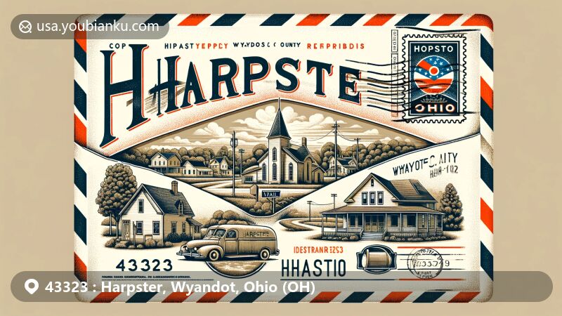 Modern illustration of Harpster, Wyandot, Ohio, featuring vintage airmail envelope with rural landscape details, Main Street houses, and postal symbols for ZIP code 43323, highlighting small-town ambiance and community spirit.
