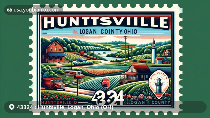 Modern illustration of Huntsville, Logan County, Ohio, portraying rural charm with a postal theme reflecting ZIP code 43324 and a close-knit community lifestyle.