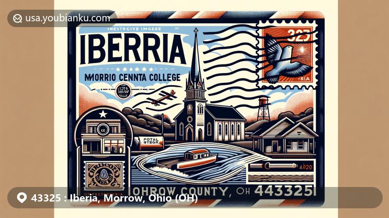 Modern illustration of Iberia, Morrow County, Ohio, showcasing postal theme with ZIP code 43325, featuring Ohio Central College, Presbyterian church, and Morrow County outline.