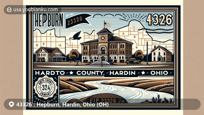 Modern illustration of Hepburn, Hardin County, Ohio, featuring the Hardin County Armory, Scioto River, and postal theme with ZIP code 43326, blending historical and natural elements.