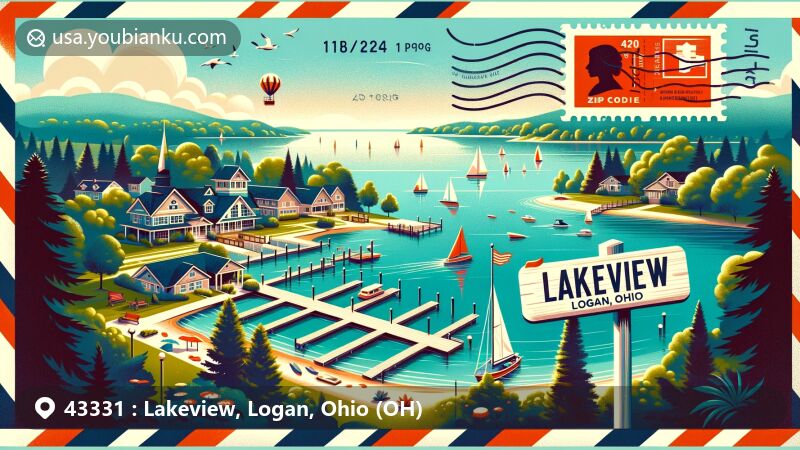 Modern illustration of Lakeview, Logan County, Ohio, showcasing lakeside charm with boats and dock on Indian Lake, capturing the essence of recreational opportunities at ZIP code 43331.