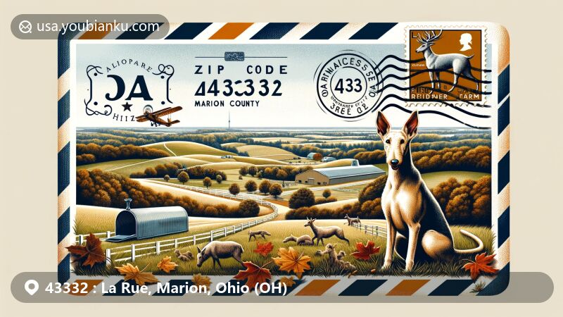Modern illustration of La Rue area in Marion County, Ohio, featuring vintage style airmail envelope with serene rural landscape inside, including rolling hills, grazing reindeer at Pine Acres Reindeer Farm, and outline of Marion County Raceway. Stamp in top left corner depicts Airedale Terrier, commemorating Oorang Airedales and local history. Elegant calligraphy above reads 'La Rue, Ohio 43332'. Autumn leaves scattered around envelope enhance the beauty of Ohio's fall scenery.