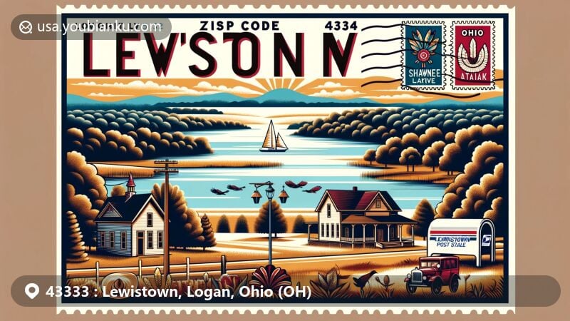 Modern illustration of Lewistown, Logan County, Ohio, featuring Indian Lake and Shawnee Native American heritage, with vintage postal elements and ZIP code 43333, capturing the area's natural beauty and historical significance.