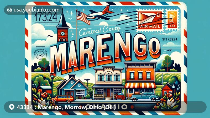 Modern illustration of Marengo, Ohio, featuring vintage-style postcard design with Main Street, rural landscape, and ZIP code 43334, capturing small-town charm and community spirit.